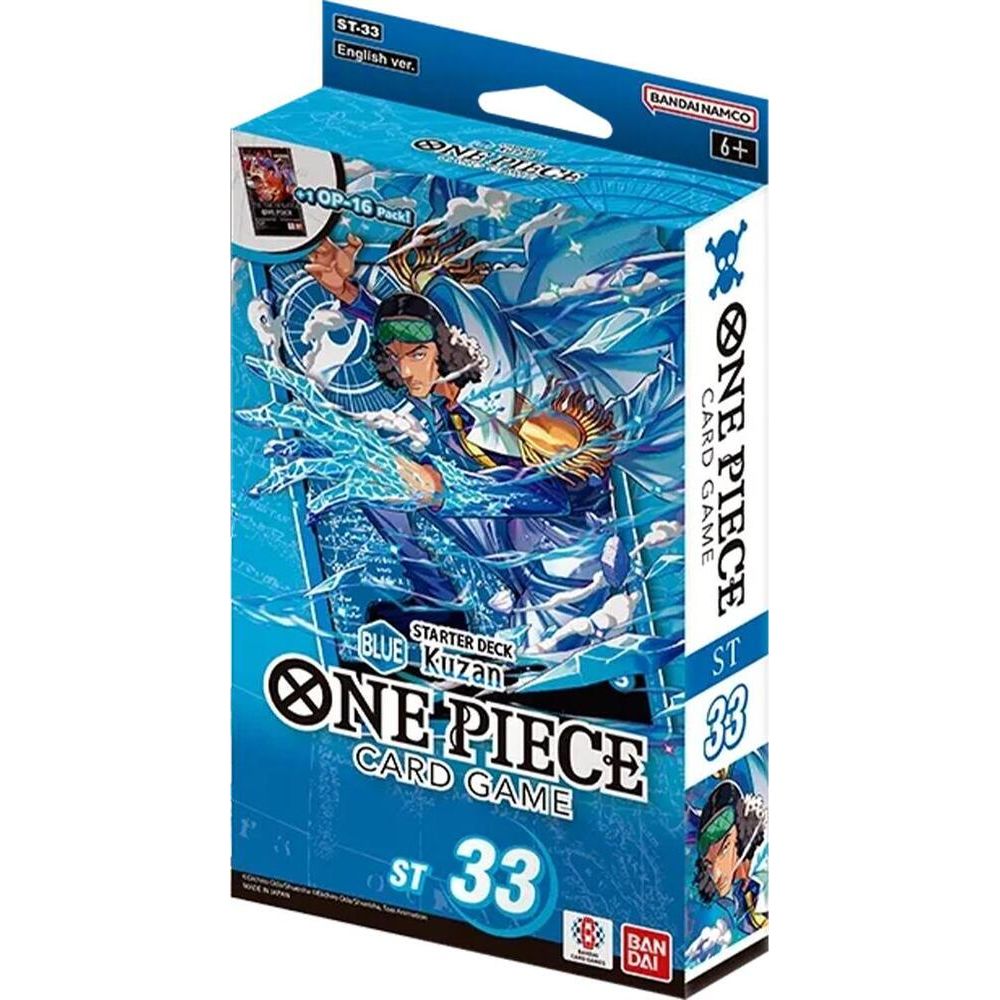 One Piece Card Game Starter Deck ST-33 Blue Kuzan English version box by Bandai Namco, featuring blue and white packaging with anime character artwork.