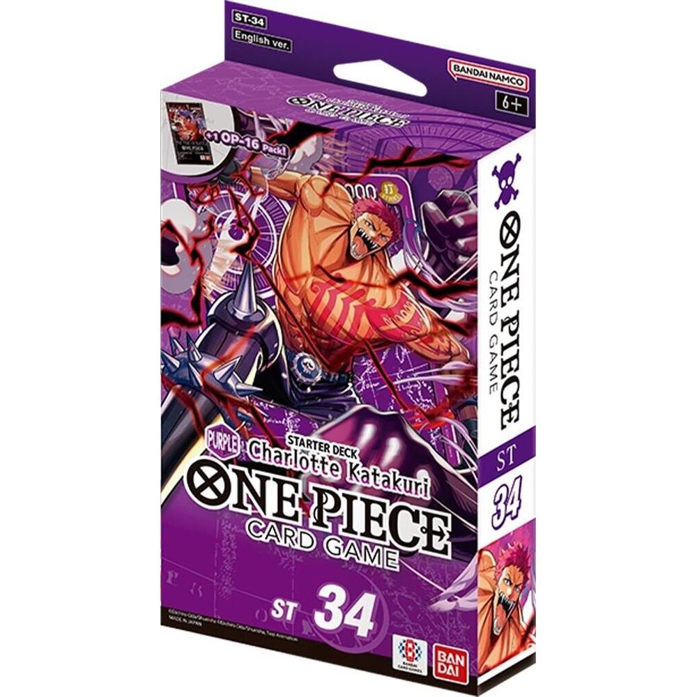 One Piece Card Game Starter Deck ST-34 Charlotte Katakuri, featuring purple packaging with anime artwork of the character and the One Piece logo.