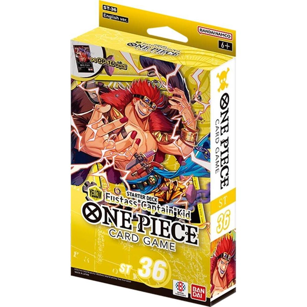 One Piece Card Game Starter Deck 36 box featuring Captain Kid artwork, with yellow packaging and anime character illustrations on a white background.