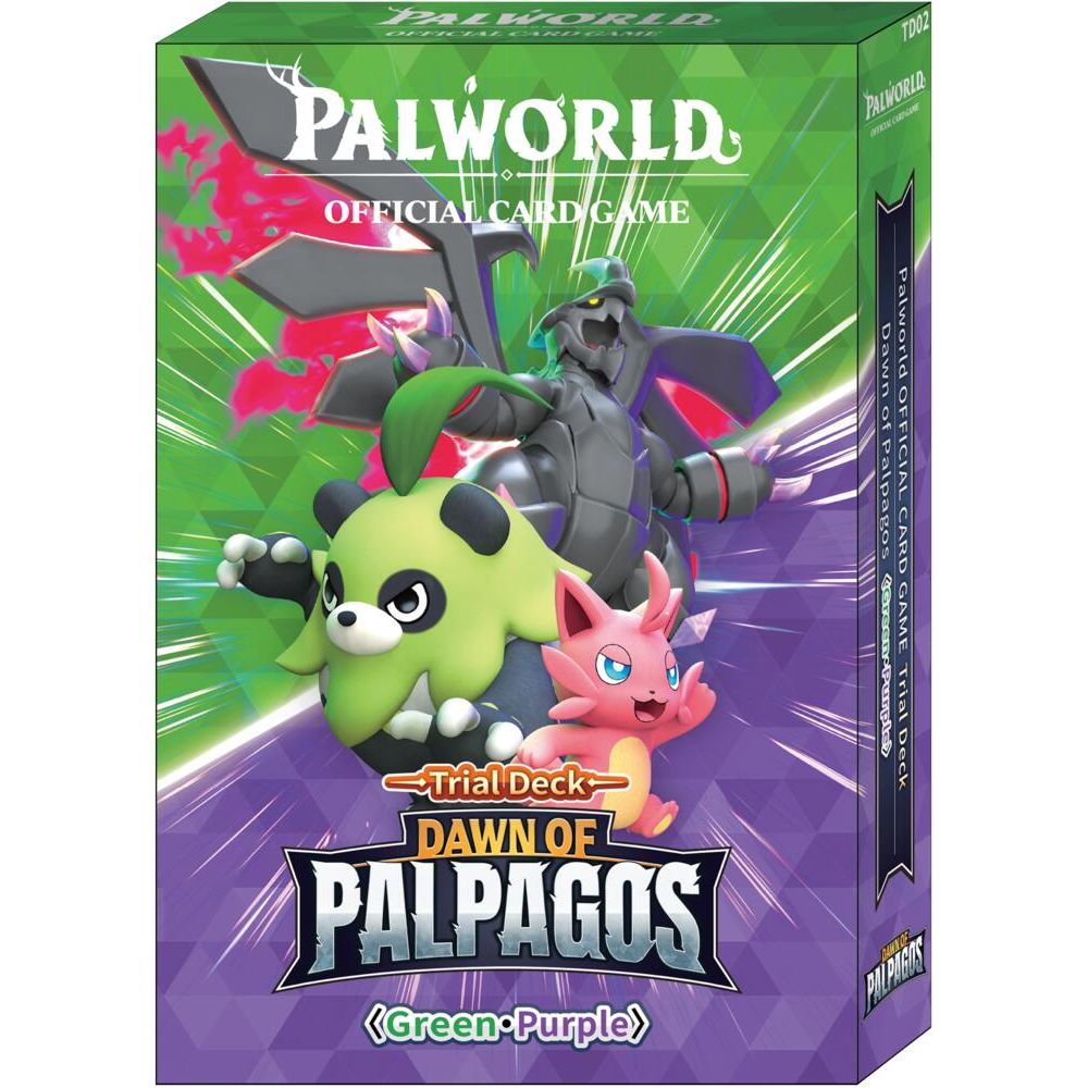 Palworld Official Card Game Dawn of Palpagos Green Purple Trial Deck by Bushiroad, featuring colorful trading cards with vibrant artwork.