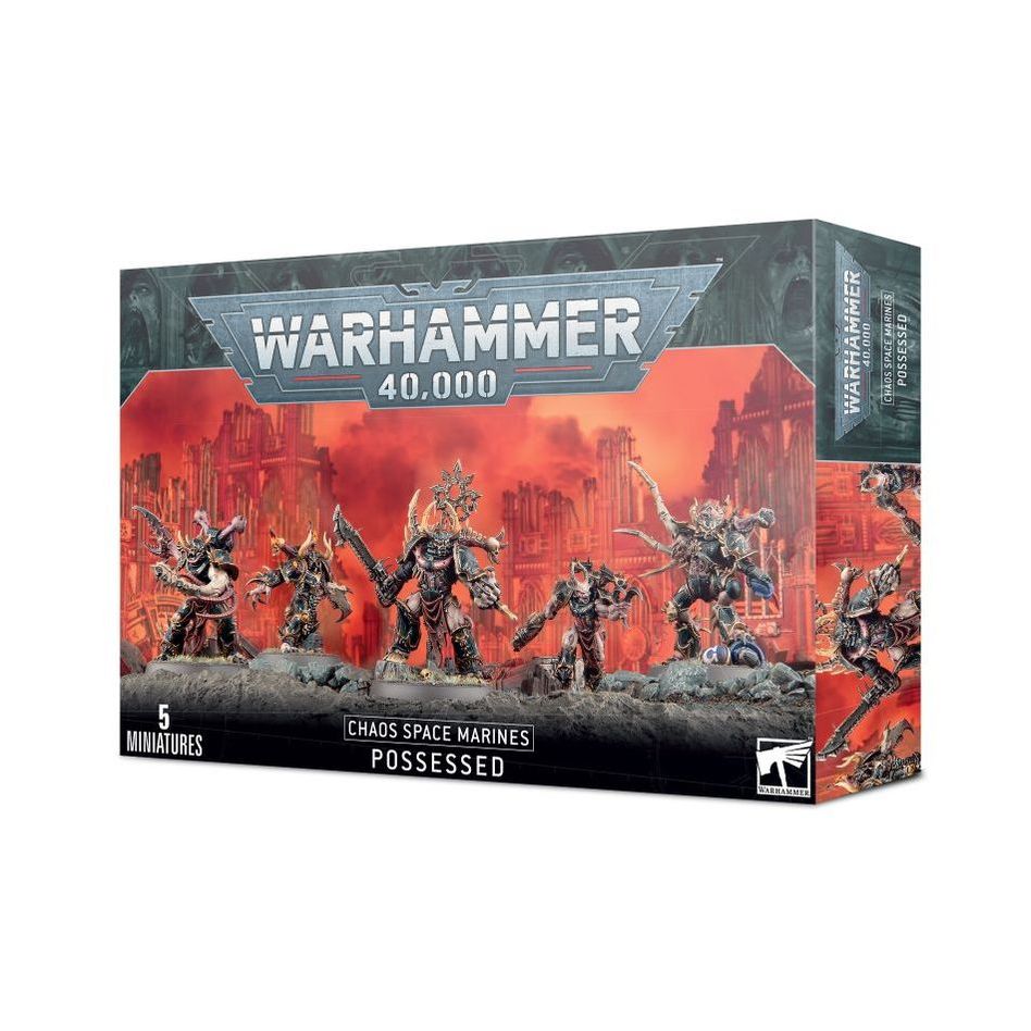 Close-up of Chaos Space Marines from the Possessed: Chaos Space Marines set by Games Workshop, showcasing detailed armor and weapons.