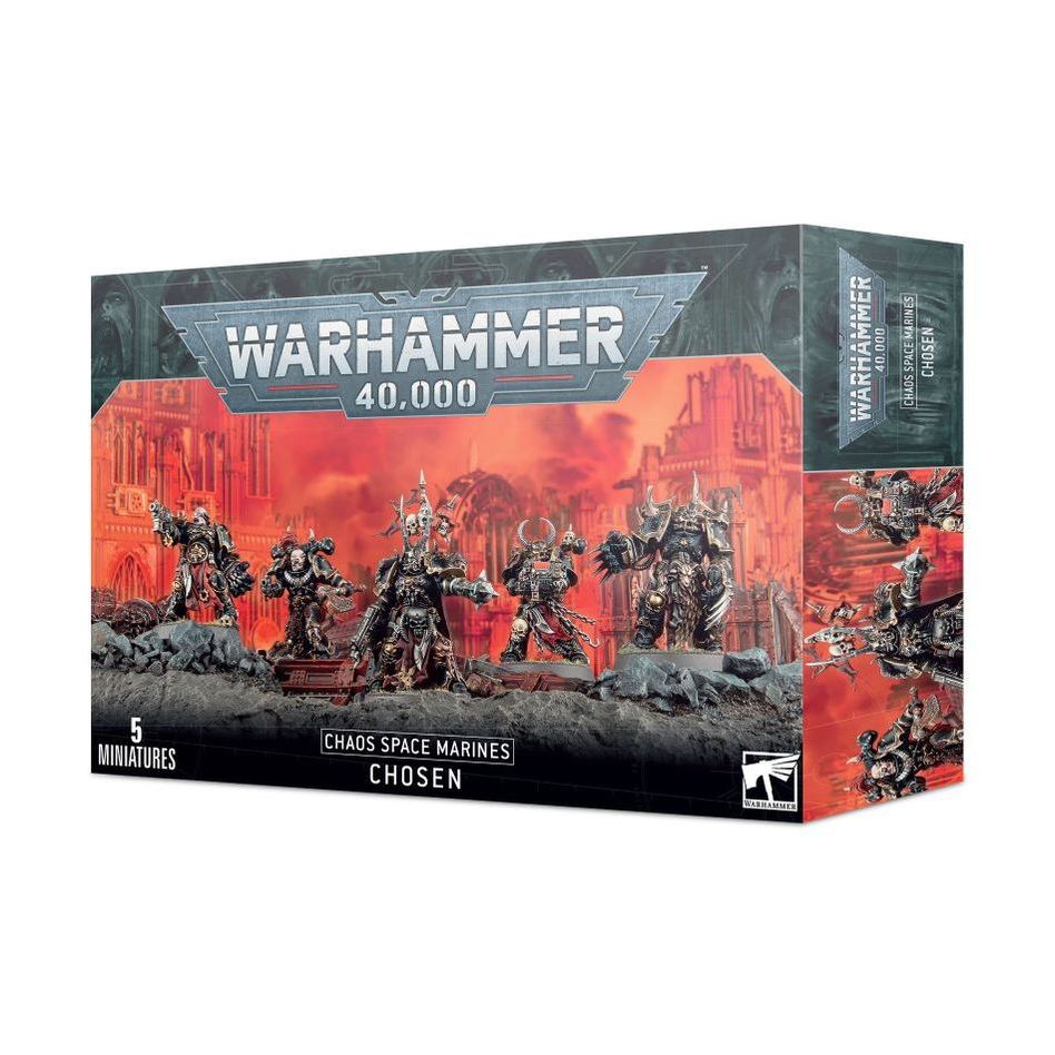 Close-up of Chosen Chaos Space Marines miniatures from Games Workshop, showcasing detailed armor and weaponry.