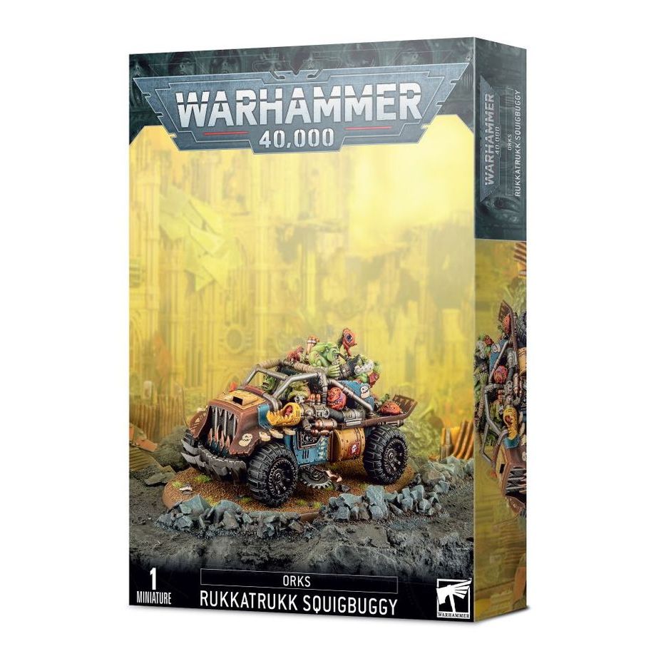 Warhammer 40,000 Draks Rukktrukk Souigbuggy miniatures kit box, featuring a detailed illustration of a rusty orange vehicle with figures on top, set against a yellow sci-fi desert background.