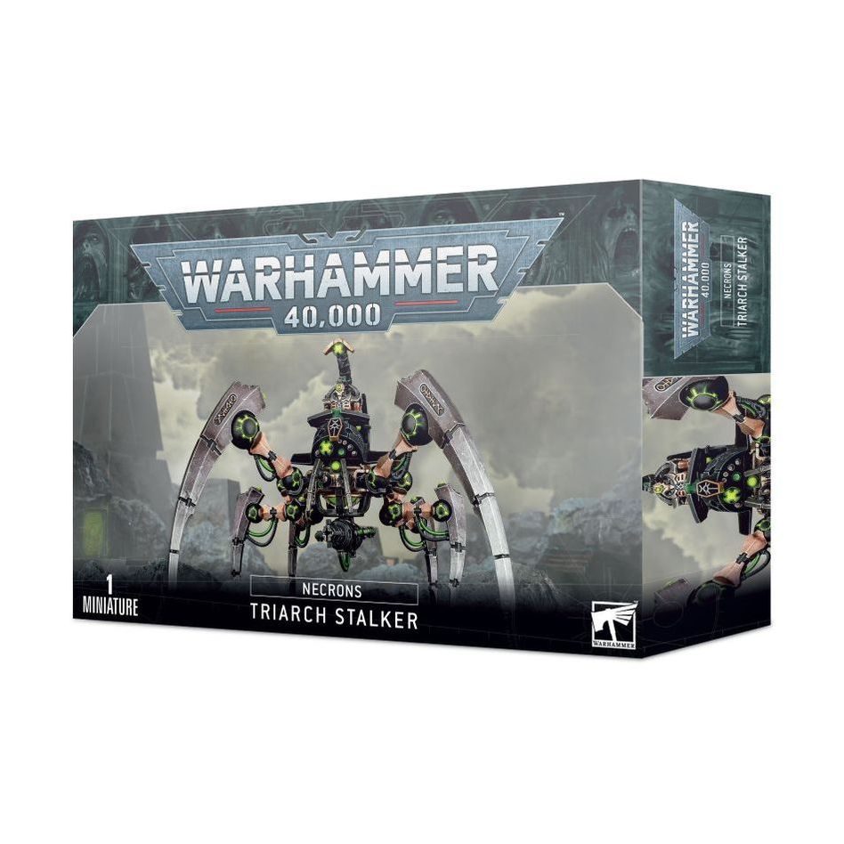 Necrons Triarch Stalker model from Games Workshop, featuring robotic alien vehicle with sleek design and weaponry.