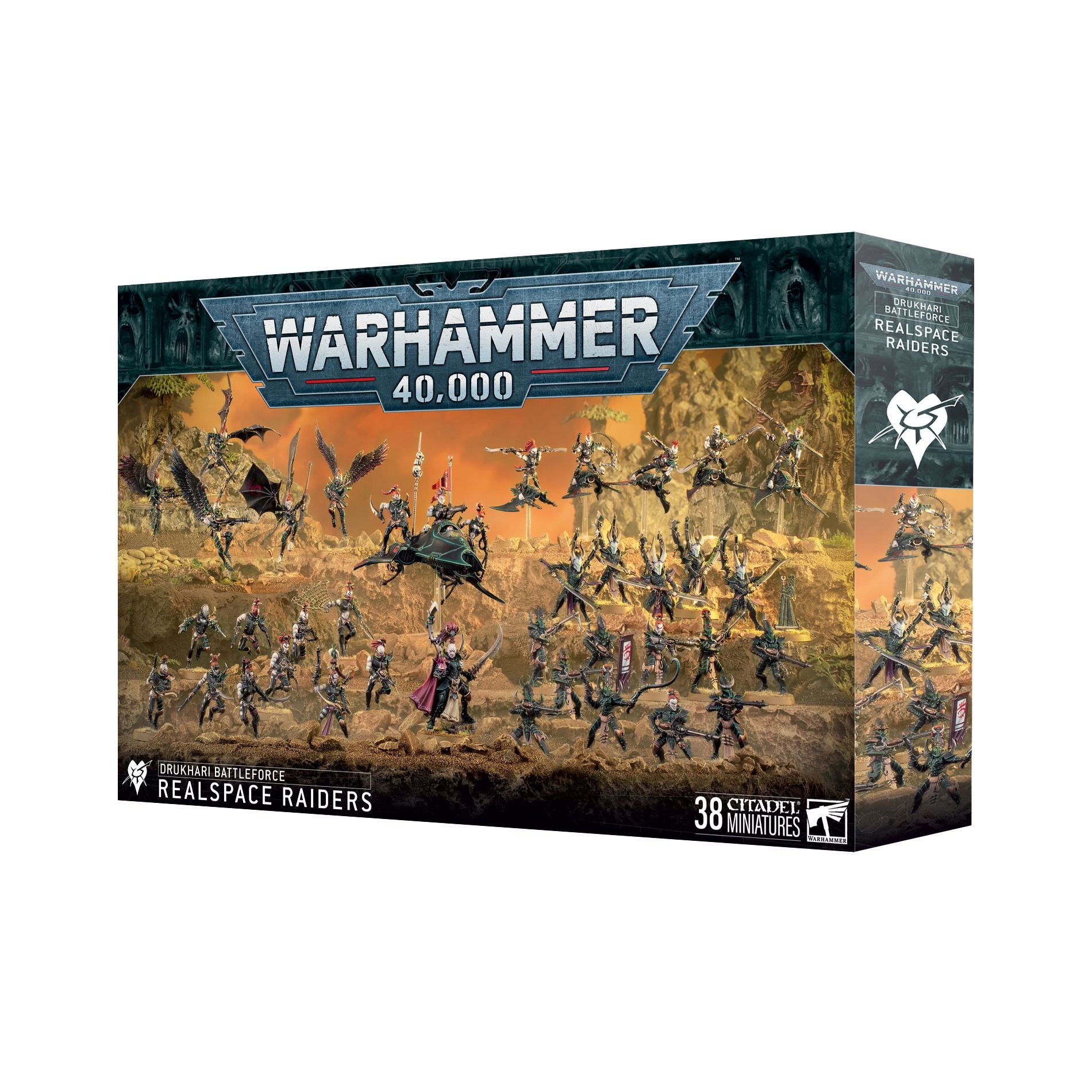 Drukhari Realspace Raiders Battleforce Army Box from Games Workshop, featuring miniatures and models for Warhammer 40K tabletop game.