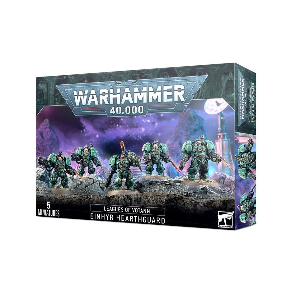 Detailed image of an Einhyr Hearthguard miniature from Leagues of Votann by Games Workshop, showing armor and weapon details.