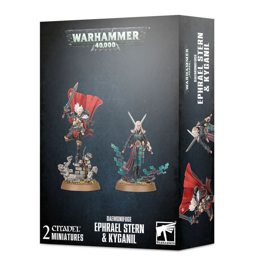 Ephrael Stern and Kyganil miniatures from Daemonifuge set, Adepta Sororitas models by Games Workshop, detailed painted figures on display.