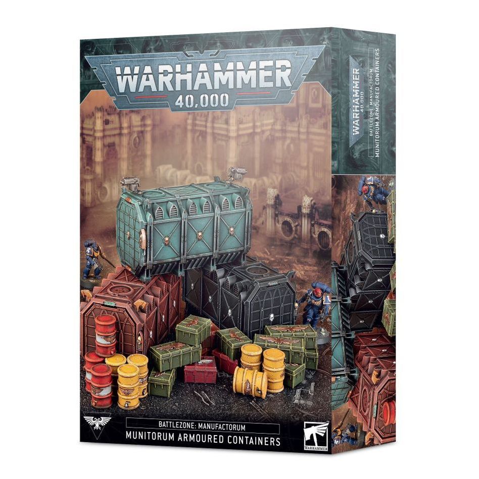 Close-up of Battlezone: Manufactorum Munitorum Armoured Containers from Games Workshop, featuring detailed armored storage units.
