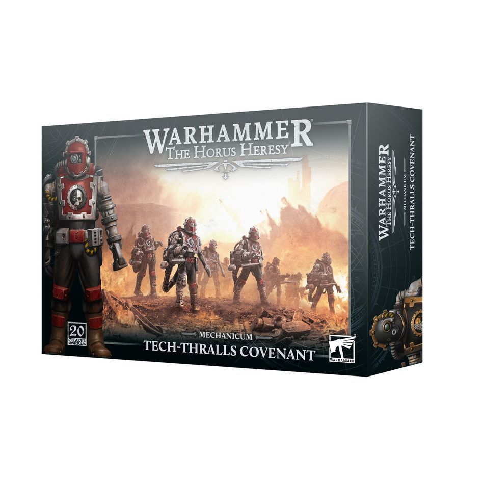 Close-up of Mechanicum Tech-Thralls Covenant miniatures from Games Workshop's Horus Heresy, showcasing detailed robotic figures.