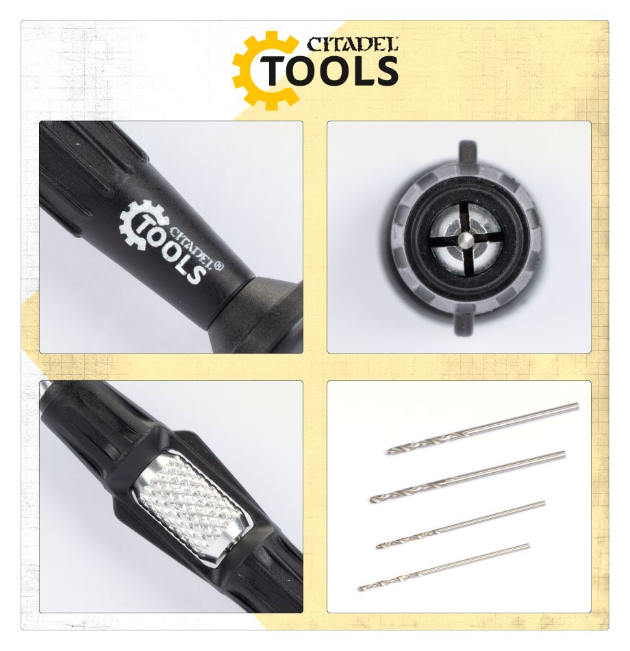 Citadel Drill close-up details: the moulded handle, the free-spinning end cap, the knurled grip panel, and the four drill bits