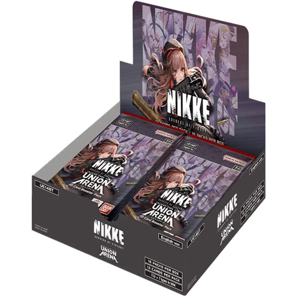 Bandai Nikke Goddess of Victory Union Arena TCG booster pack with colorful card artwork and booster packaging.