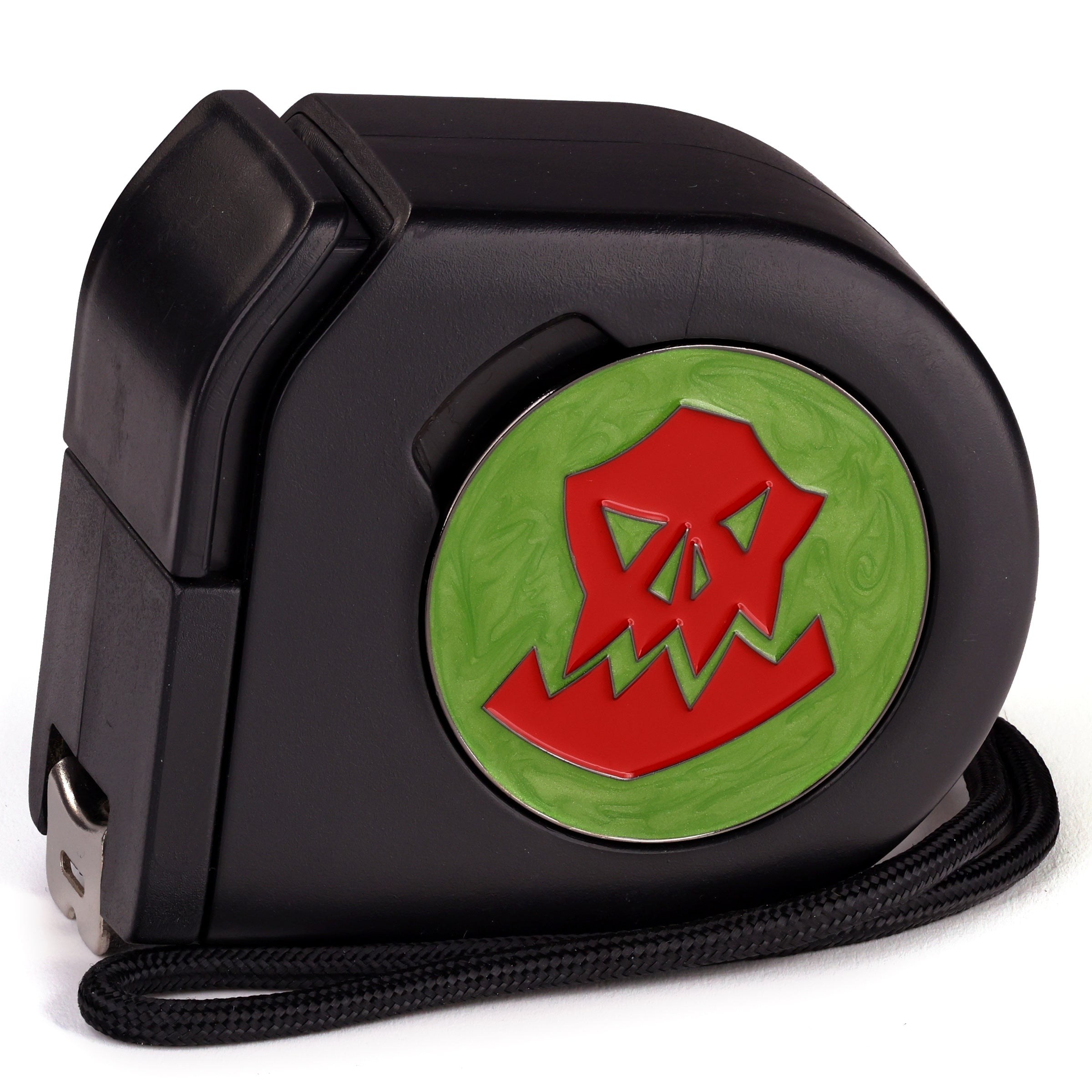 Wargaming Tape Measure by Baron of Dice — black tape with imperial and metric markings and a magnetic 40mm Baron's Coin slot (view 2)