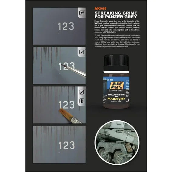 AK Interactive AK069 Weathering Streaking Grime enamel for Panzer Gray vehicles, shown on a 35ml bottle with weathered vehicle surface