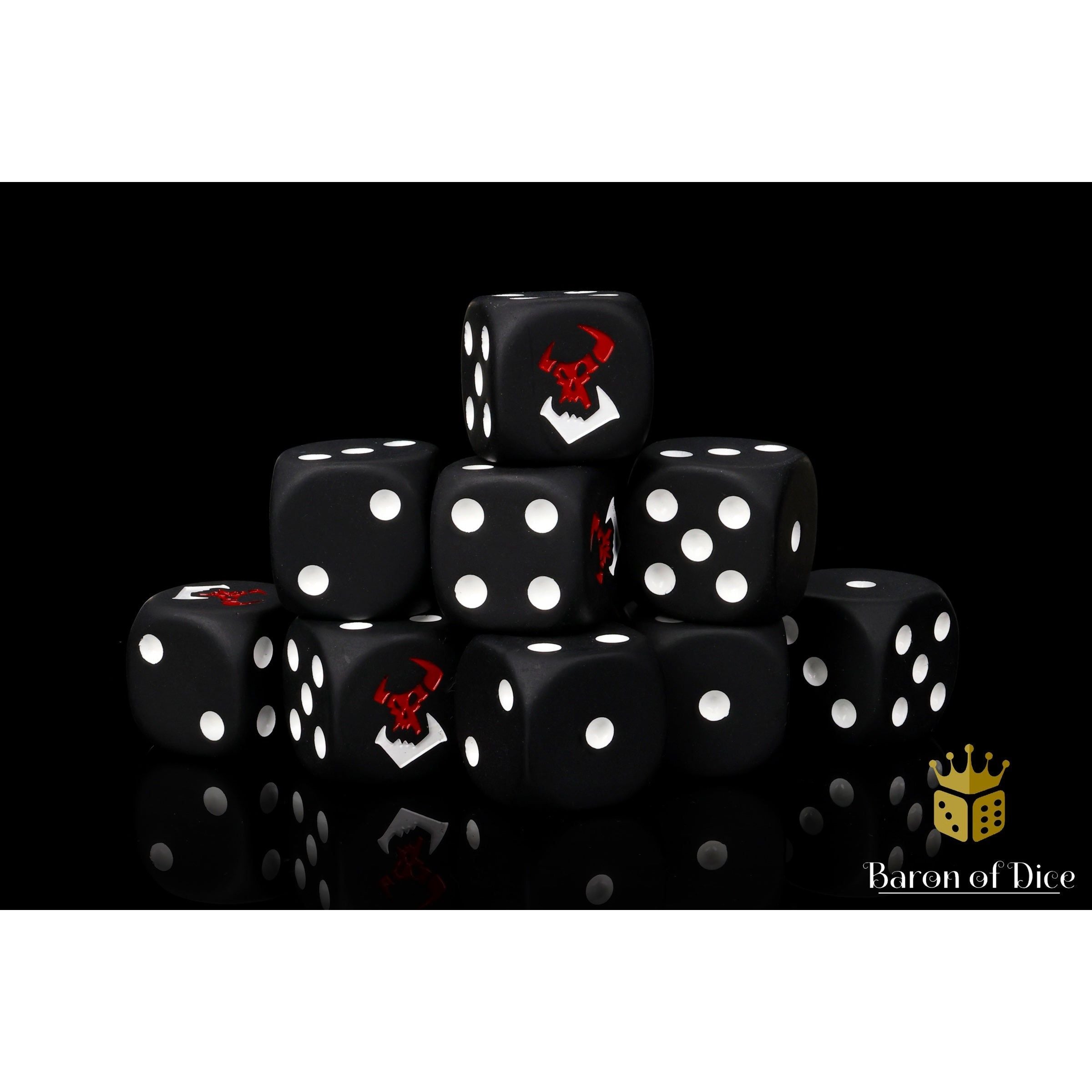 Black Orcs Dice by Baron of Dice — 16mm resin D6 dice, matte black with a two-toned pure white and bloody red inlay (view 6)