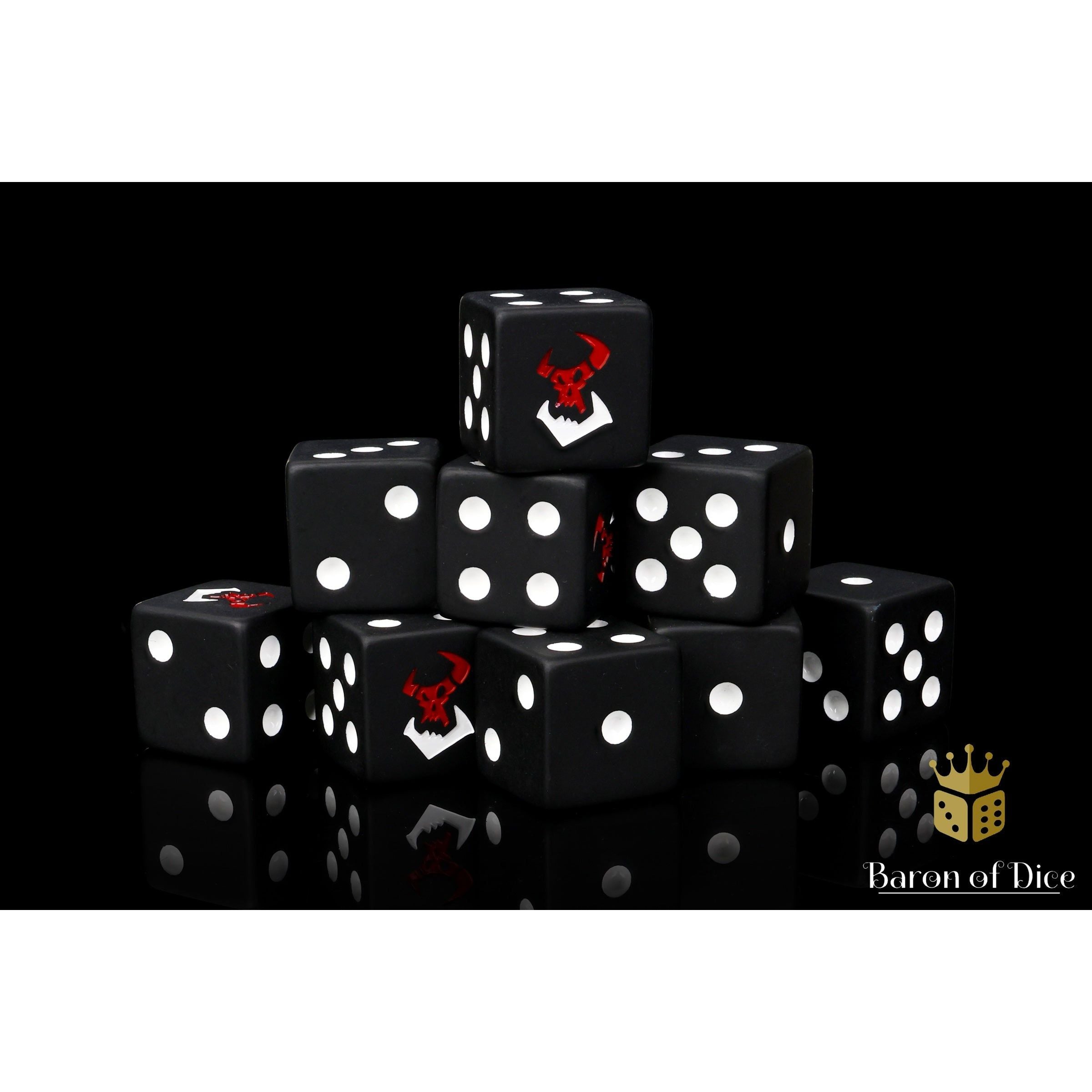 Black Orcs Dice by Baron of Dice — 16mm resin D6 dice, matte black with a two-toned pure white and bloody red inlay (view 2)