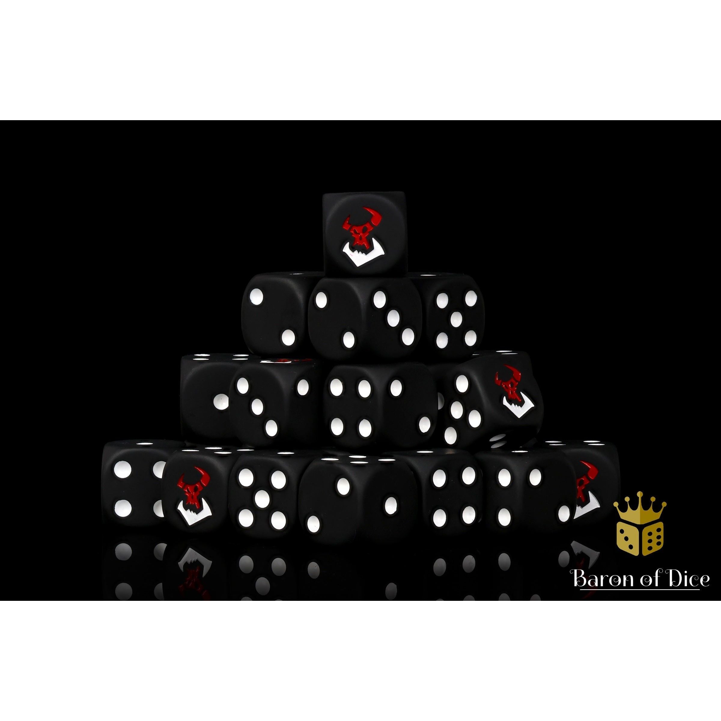 Black Orcs Dice by Baron of Dice — 16mm resin D6 dice, matte black with a two-toned pure white and bloody red inlay