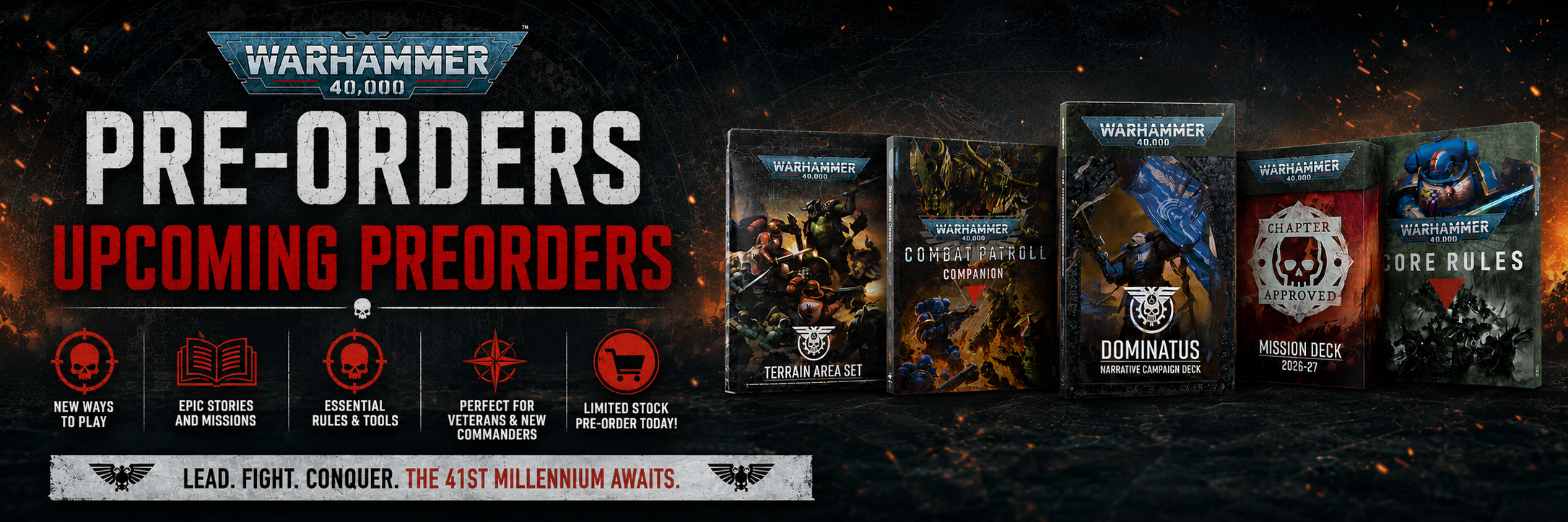 Warhammer 40,000 pre-order banner with game boxes and promotional text.