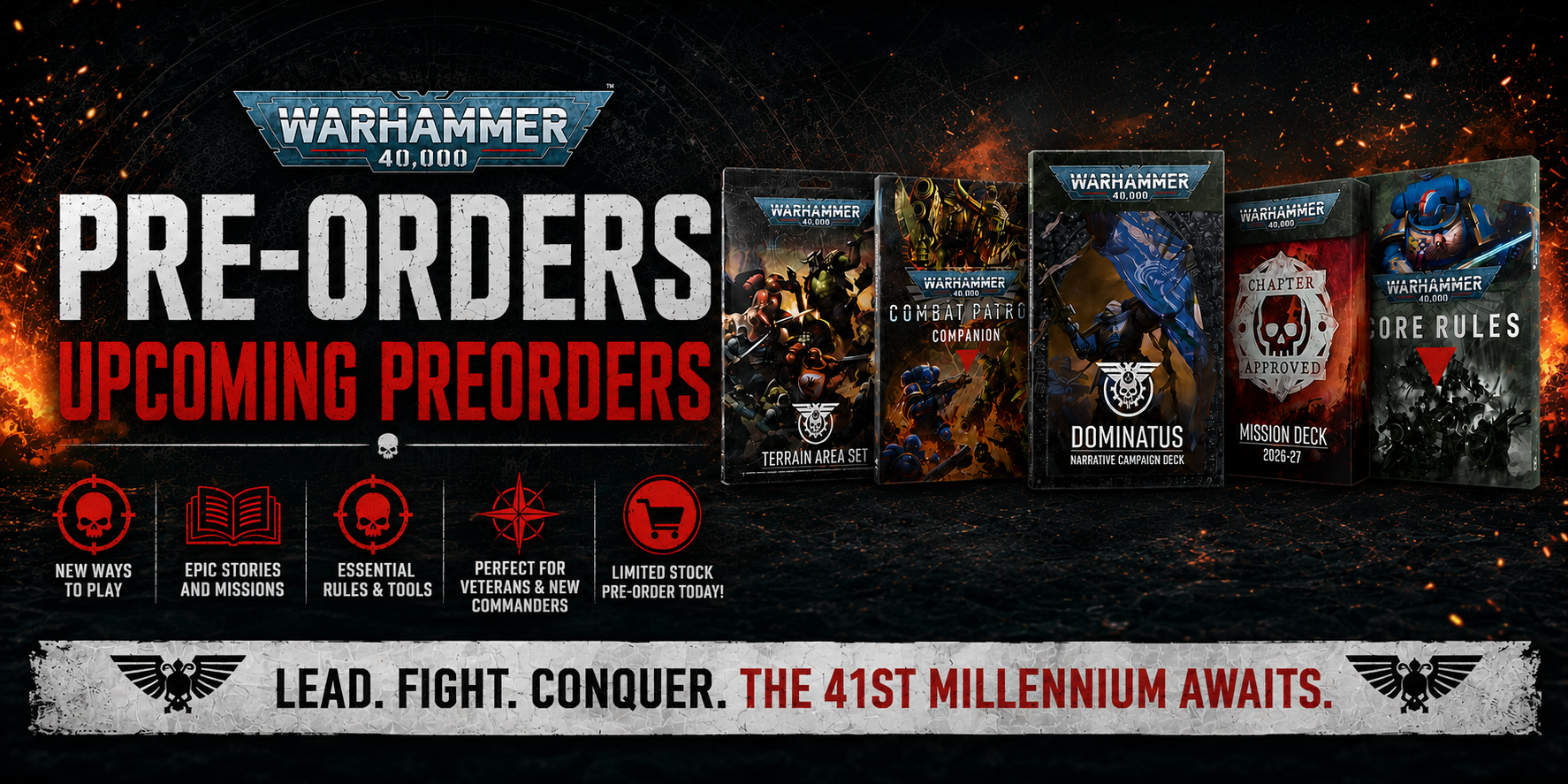 Promotional banner for Warhammer 40,000 pre-orders with game boxes and branding.