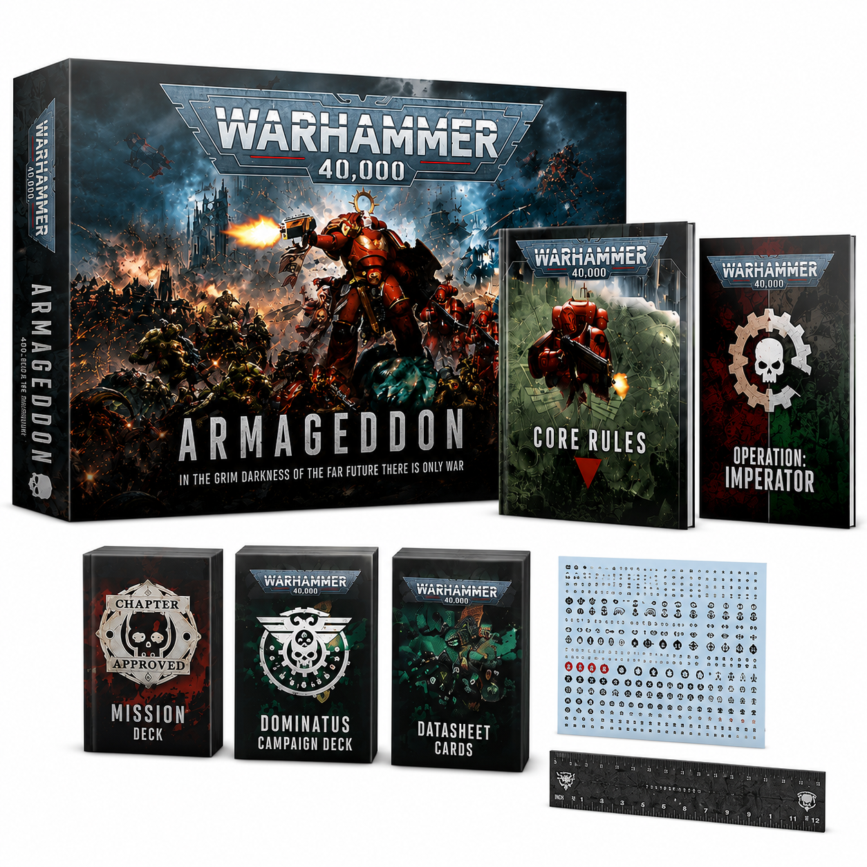 Collection of Warhammer 40,000 gaming components including Armageddon box and various rulebooks on a white background.
