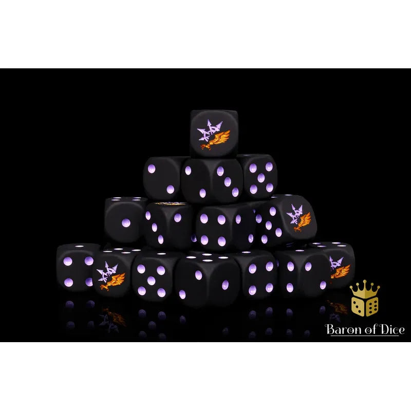 Children of Chaos square corner dice set by Baron of Dice, featuring colorful polyhedral gaming dice on a white background.