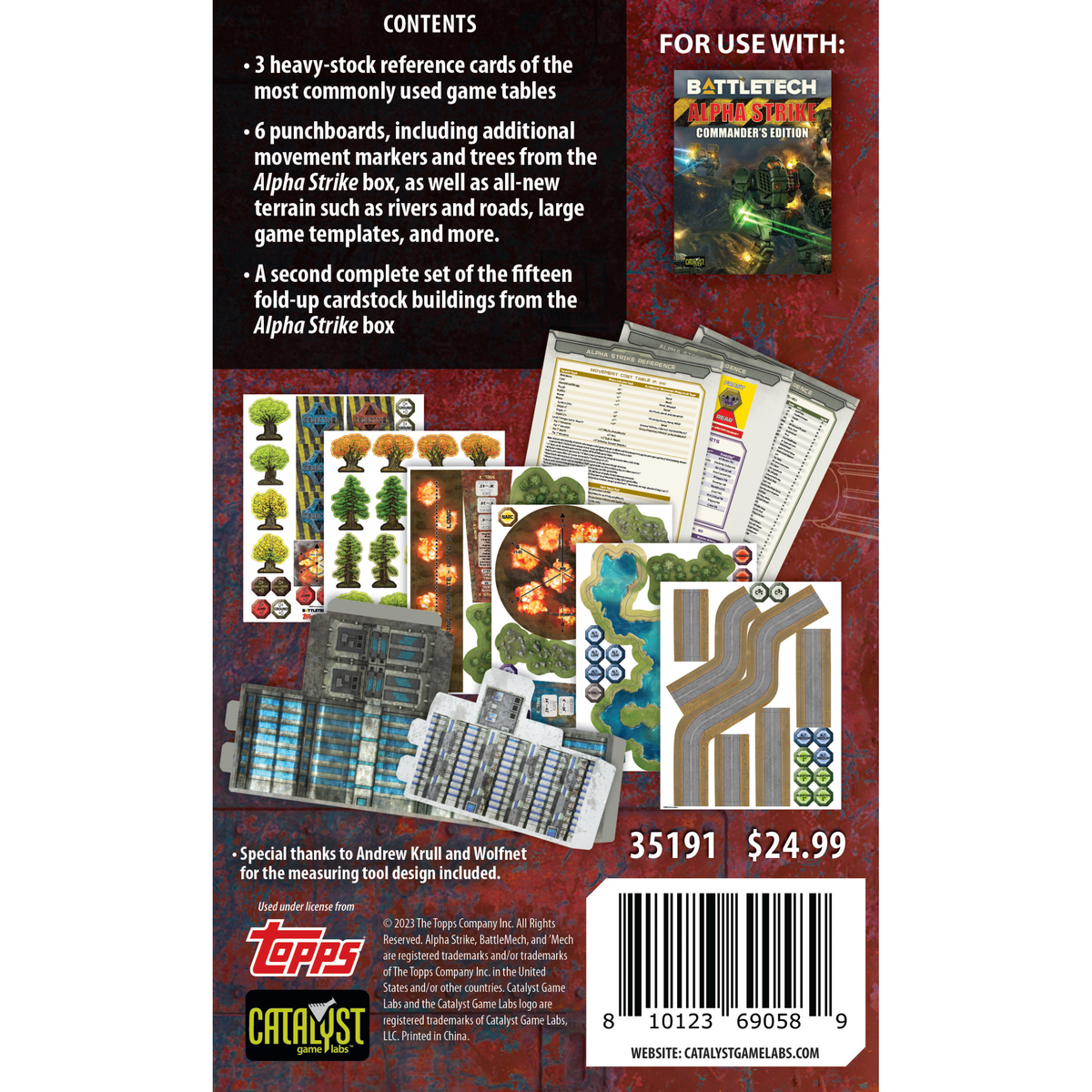 Back cover of the BattleTech Alpha Strike CountersPack listing its contents