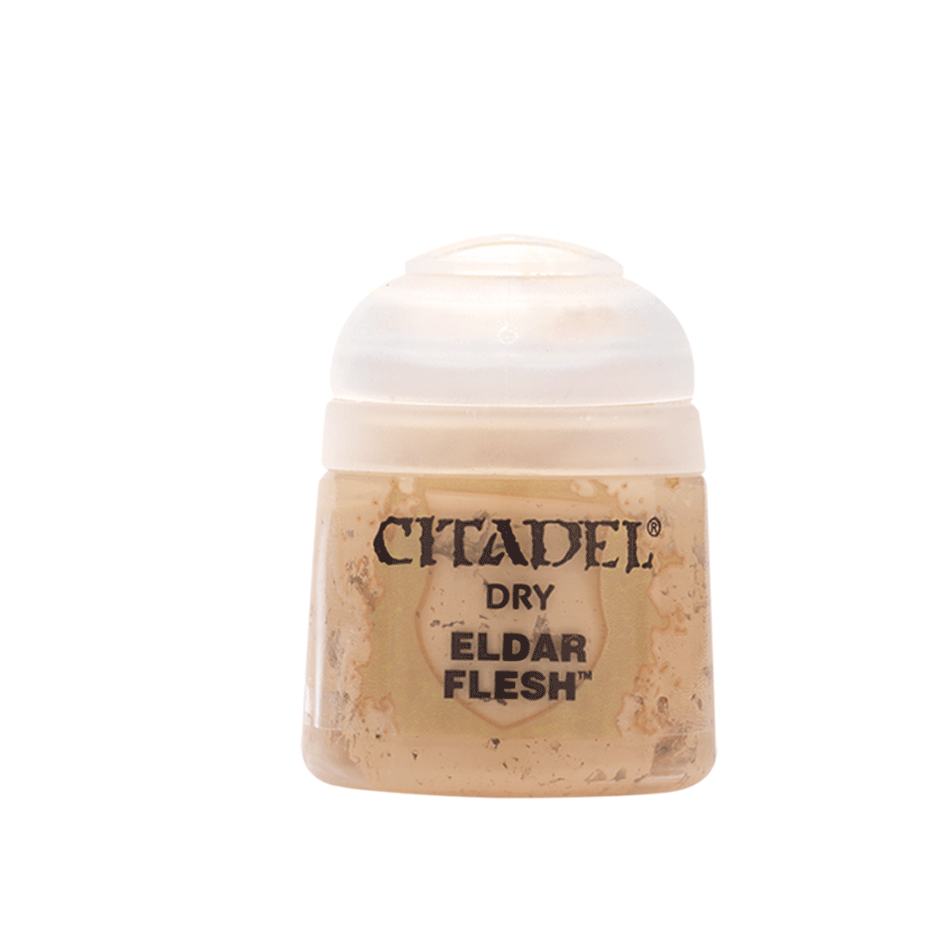 Citadel Colour Dry Eldar Flesh miniature paint in a 12ml bottle, ideal for dry brush techniques on miniatures.