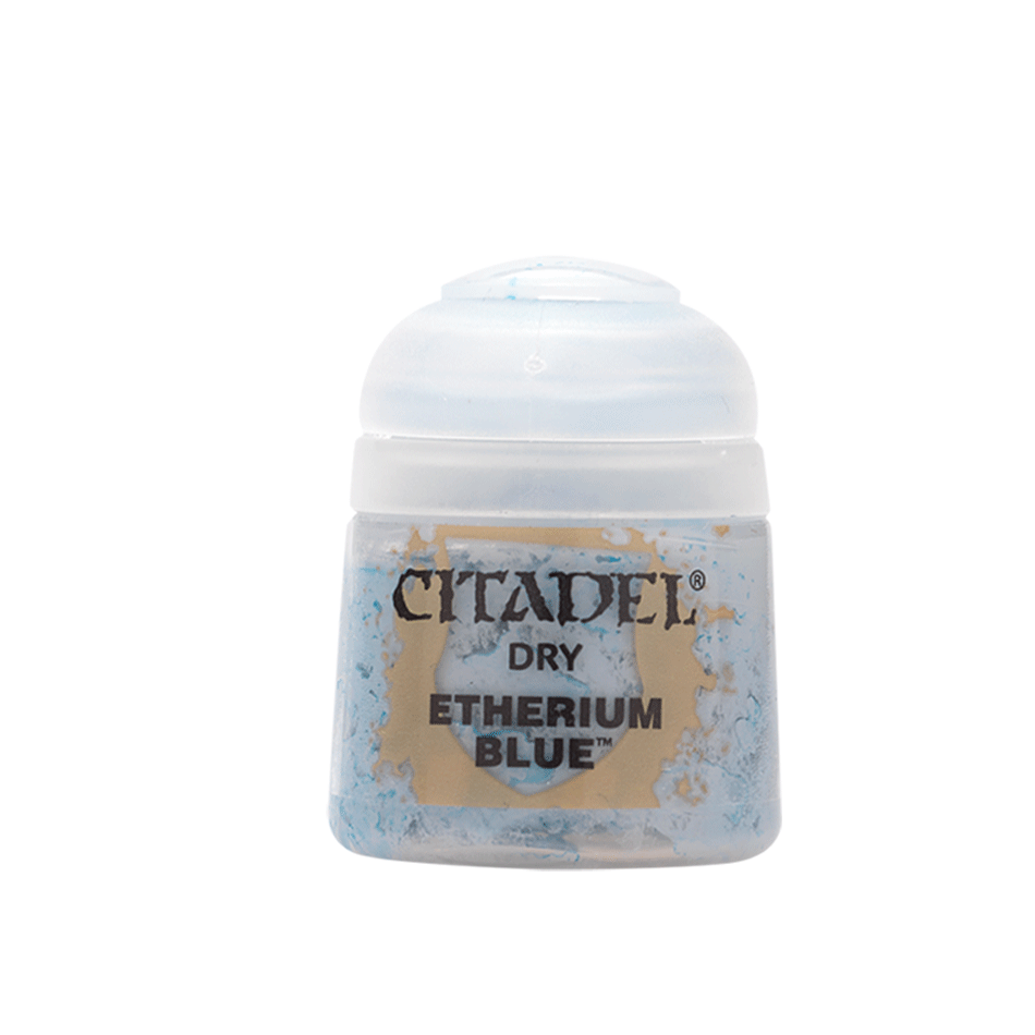 Citadel Colour Etherium Blue dry miniature paint in a 12ml bottle, perfect for detailed model painting and finishing touches.