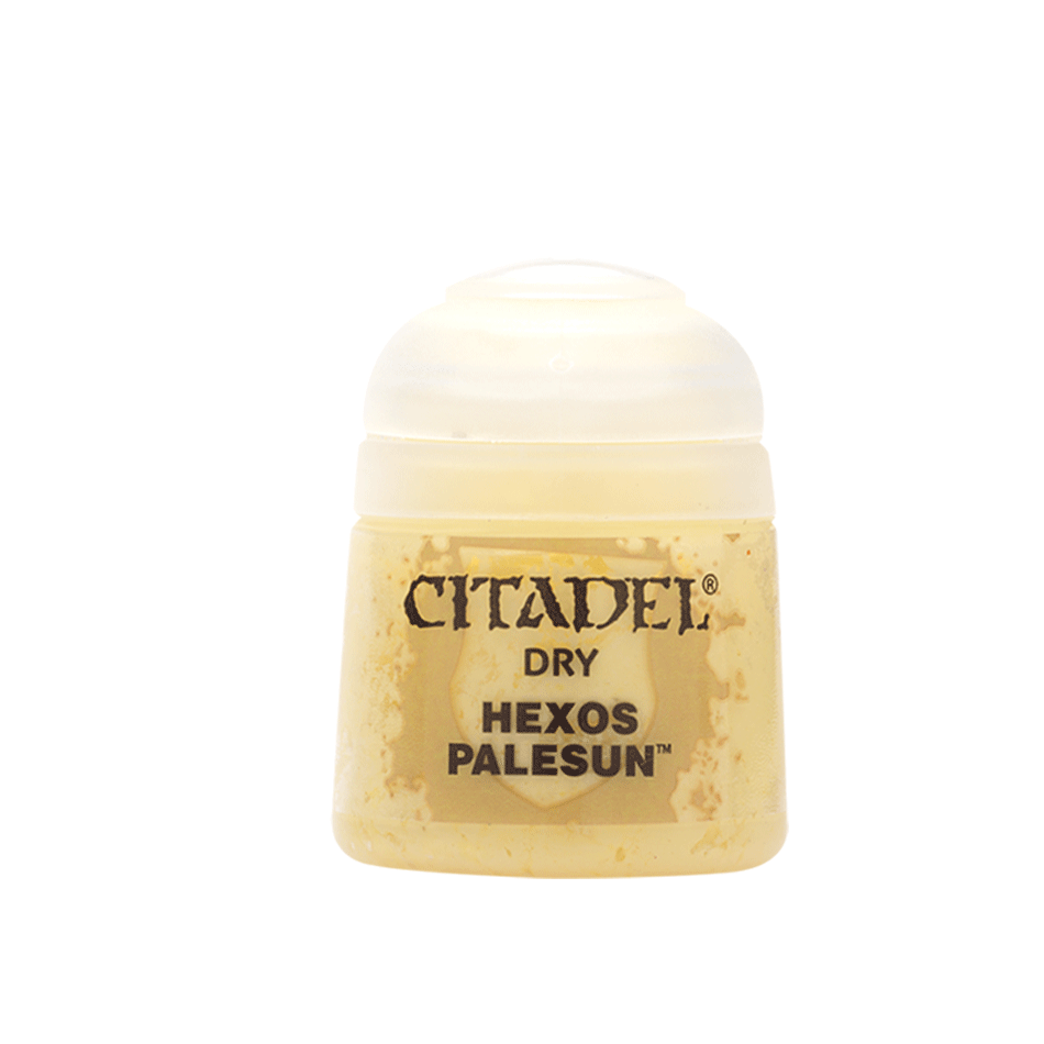 Miniature Citadel Colour Hexos Palesun dry paint in 12ml bottle, showing the bright yellow pigment for model painting.