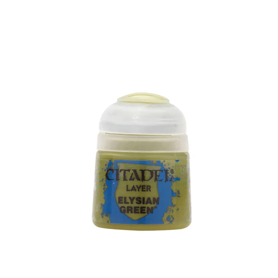 Citadel Colour Elysian Green Layer paint swatch showing vibrant green shade for miniature models and detailed painting projects.