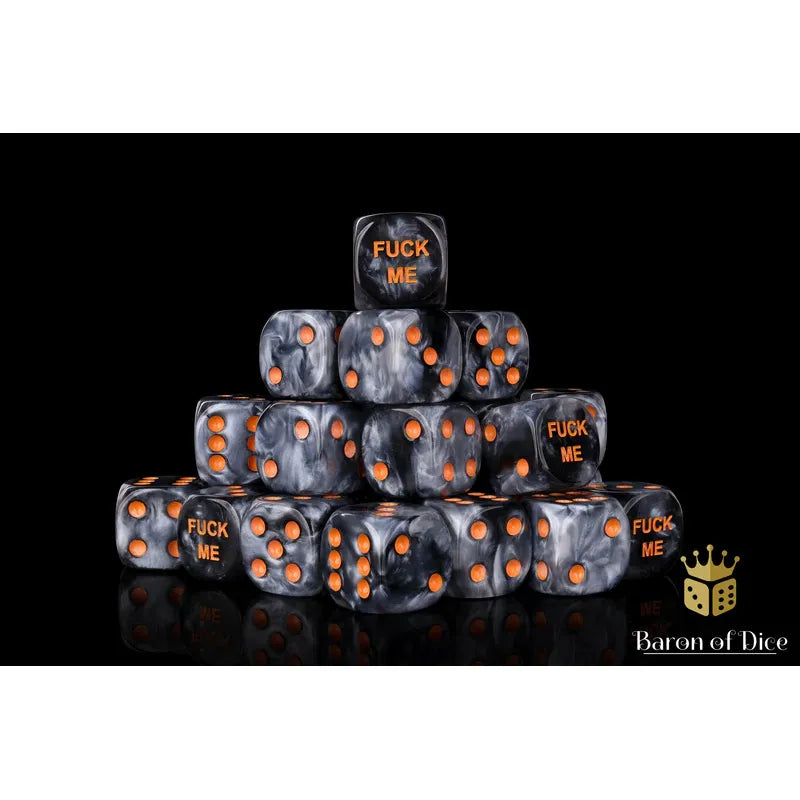 Steel F*** Me dice by Baron of Dice, round corner set, with a large pile of metallic gaming dice on a dark background.