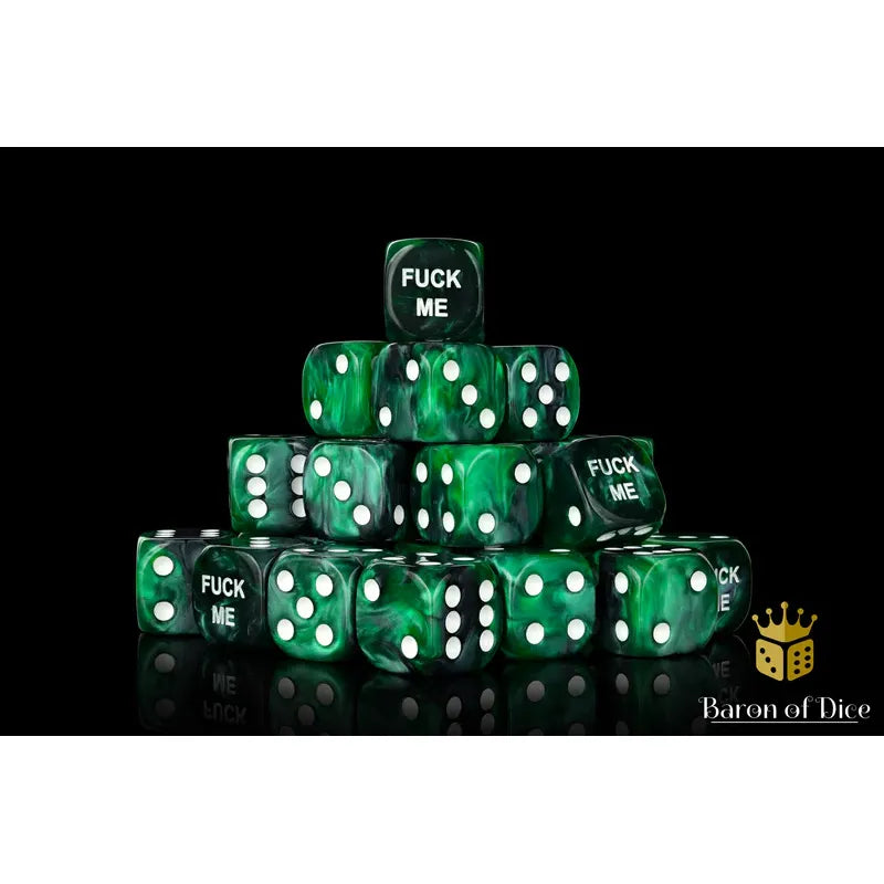 Green F*** Me Dice by Baron of Dice, round corner set, shown in a large pile, featuring vibrant green color and circular shape.