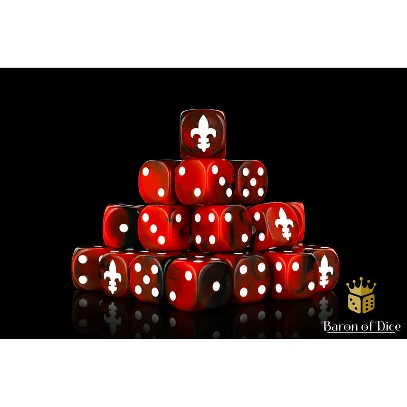 Red Fleur de Lis die with square corners from Baron of Dice, featuring detailed floral design on a smooth surface.