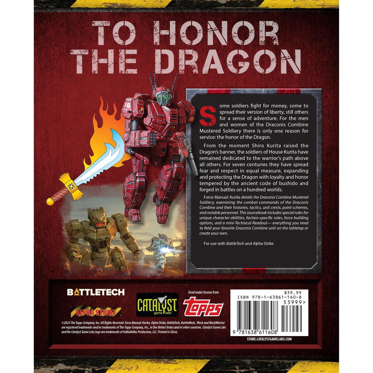 Back cover of the Force Manual: Kurita BattleTech book by Catalyst Game Labs, featuring artwork and publication details.