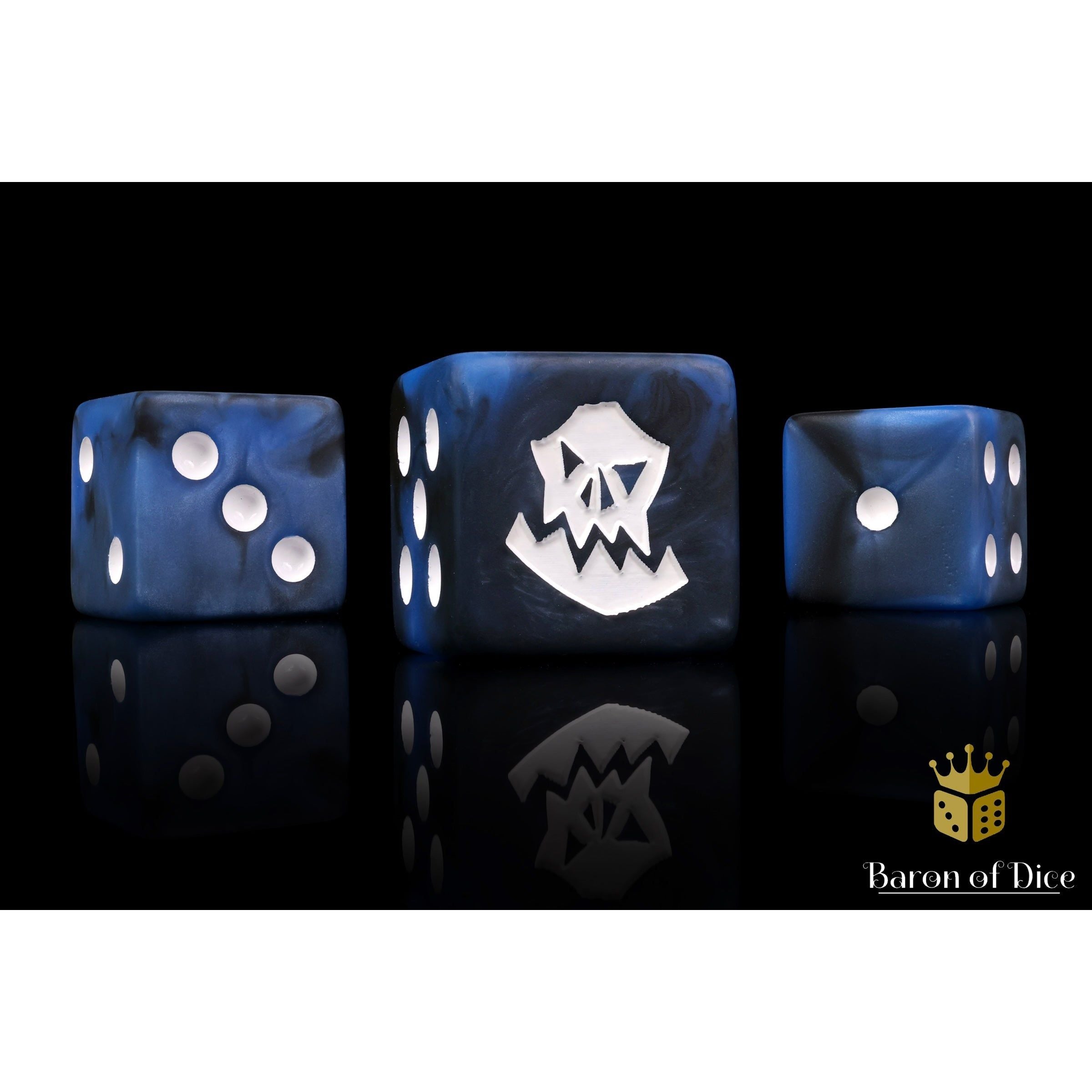 Lucky Blue Orc by Baron of Dice — 16mm resin D6 dice, matte blues over boss blacks with a pure white inlay (view 2)