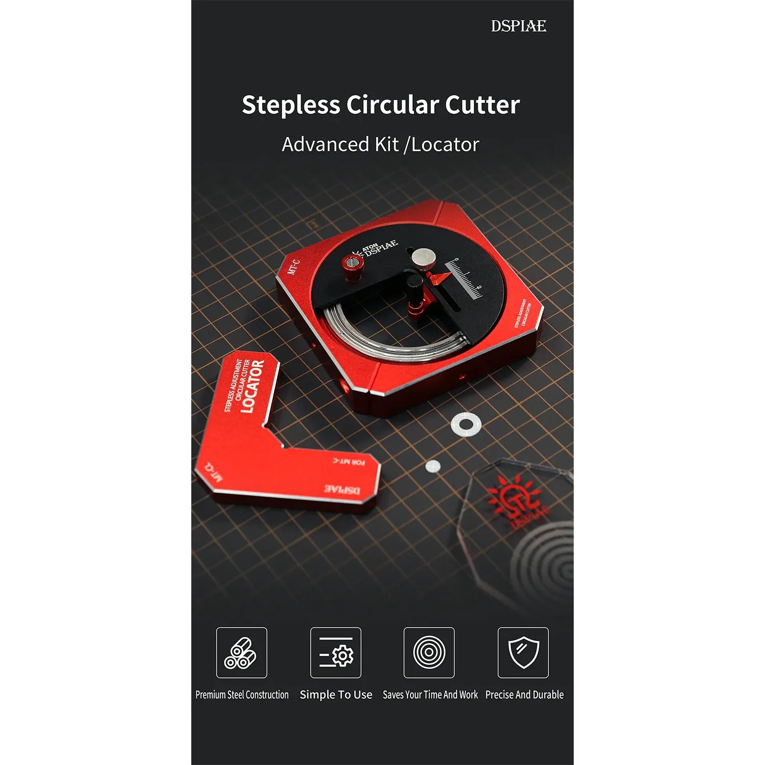 Close-up of DSPIAE stepless adjustment circular cutter with detailed measurements and precision blade for accurate cutting.