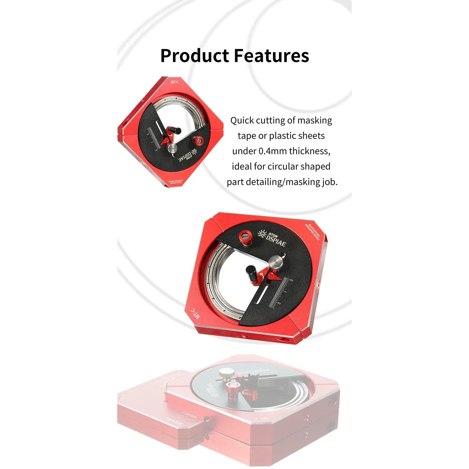 Close-up of the DSPIAE Stepless Adjustment Circular Cutter showing detailed blade edge and adjustable control for precise cutting.