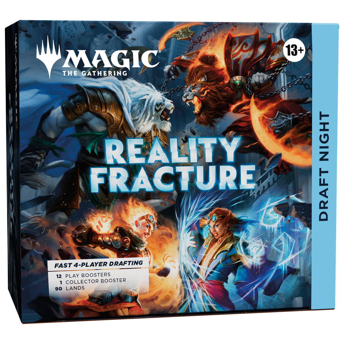Magic: The Gathering Reality Fracture Draft Night bundle box with colorful artwork and game cards displayed.