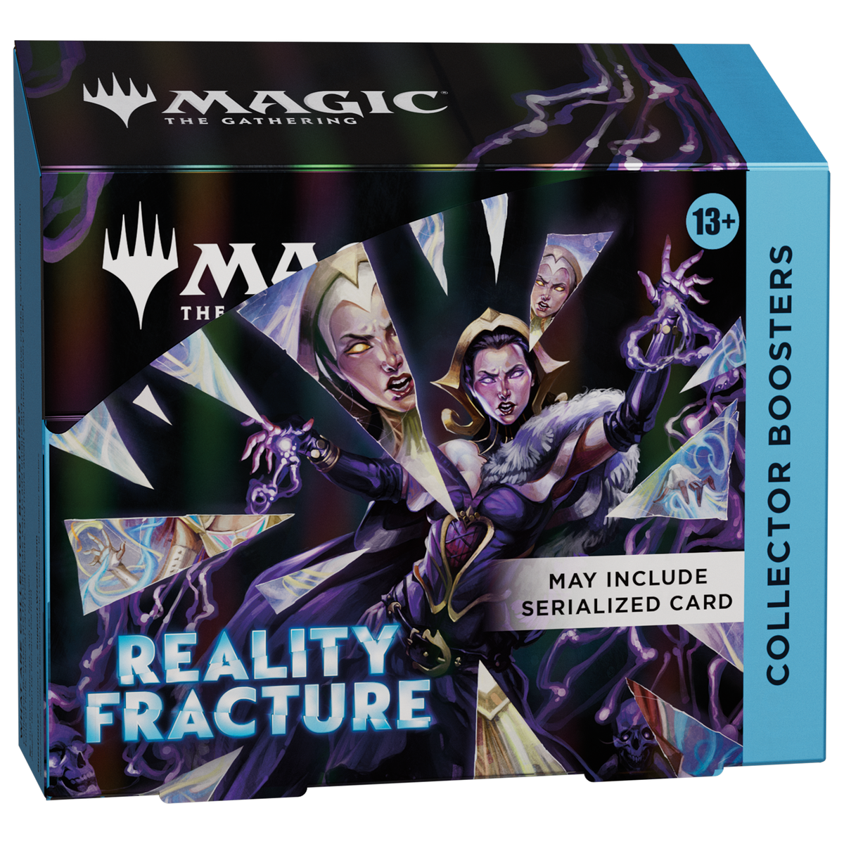 Magic: The Gathering Reality Fracture Collector Booster Box with 12 packs of trading cards, featuring colorful card artwork.