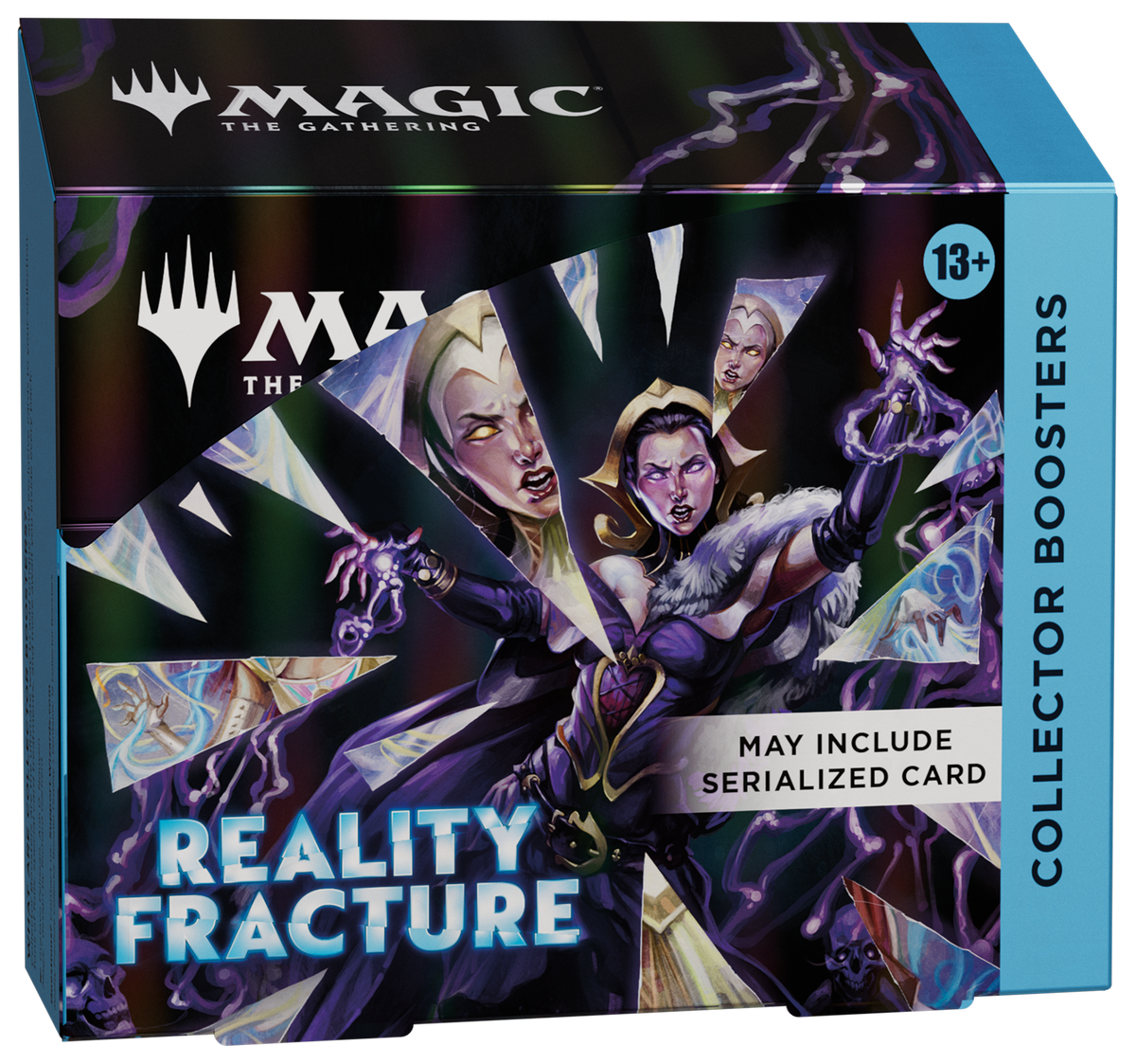 Retail display box of twelve Magic: The Gathering Reality Fracture Collector Boosters.