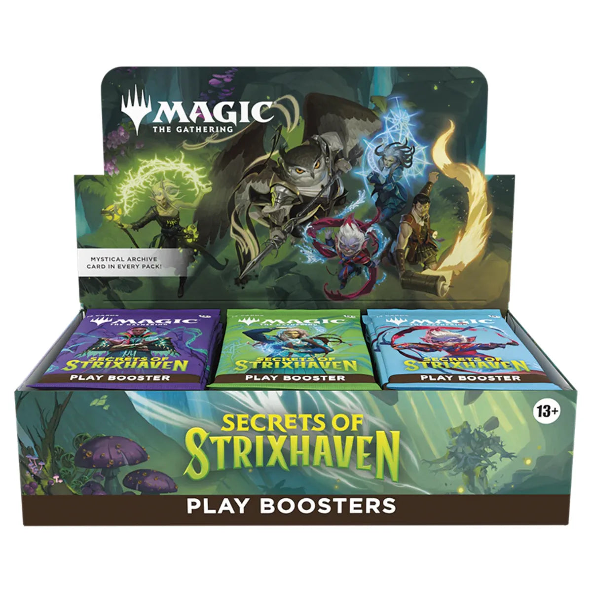 Magic: The Gathering Secrets of Strixhaven booster box with colorful booster packs displayed on a plain background