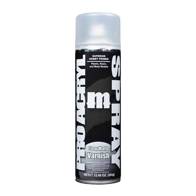Monument Hobbies PRO Acryl Spray Clear Matte Varnish in a spray bottle, designed for matte protective finishing on models and miniatures.