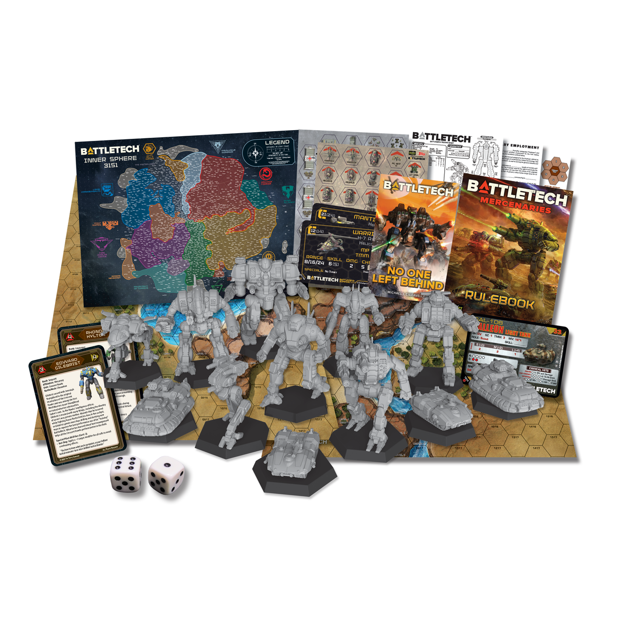Contents of the BattleTech Mercenaries Box Set laid out: twelve miniatures, mapsheets, counters, cards, books and dice