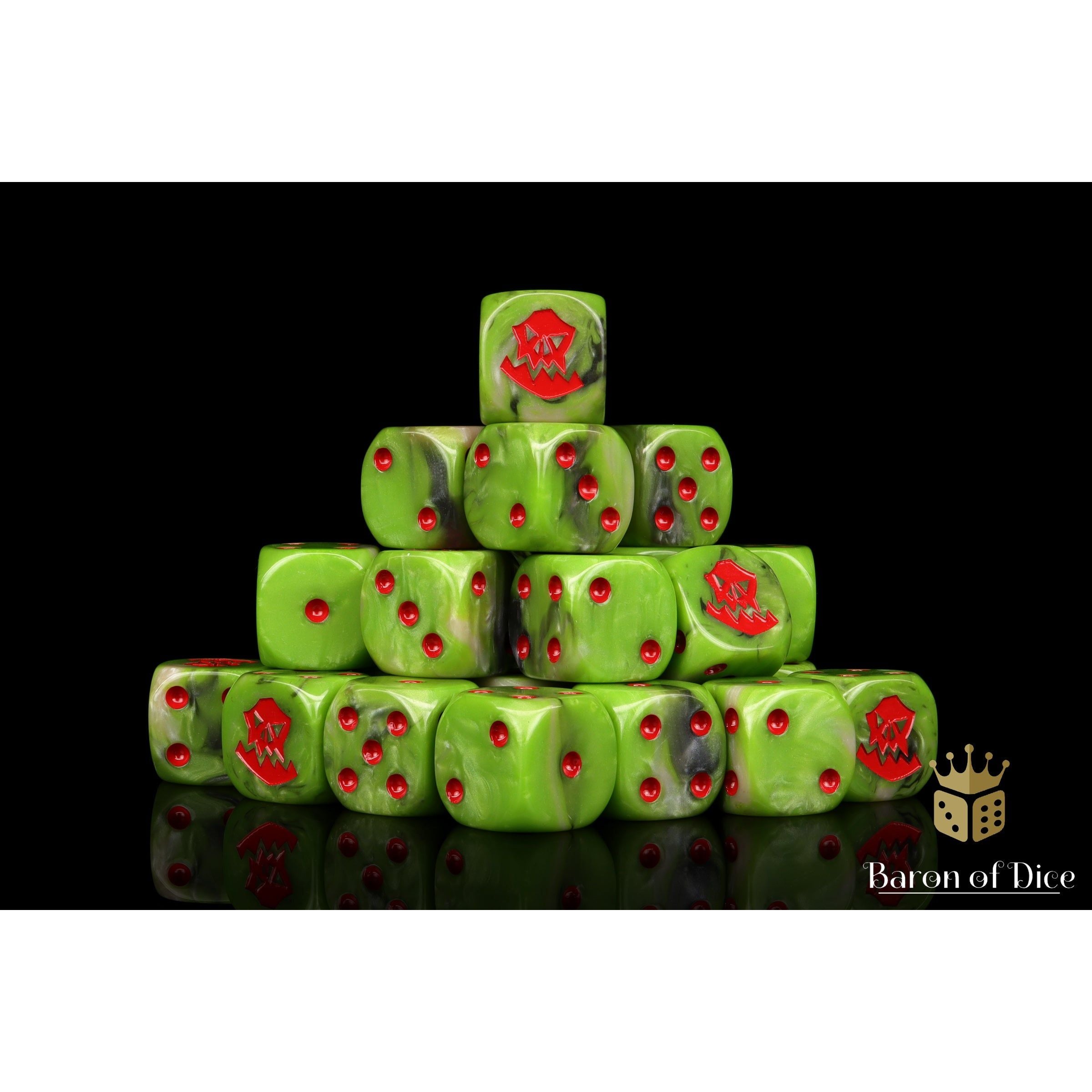 Orc Dice (Red) by Baron of Dice — 16mm resin D6 dice, Orc greens with rocky greys and a bright bloody red inlay