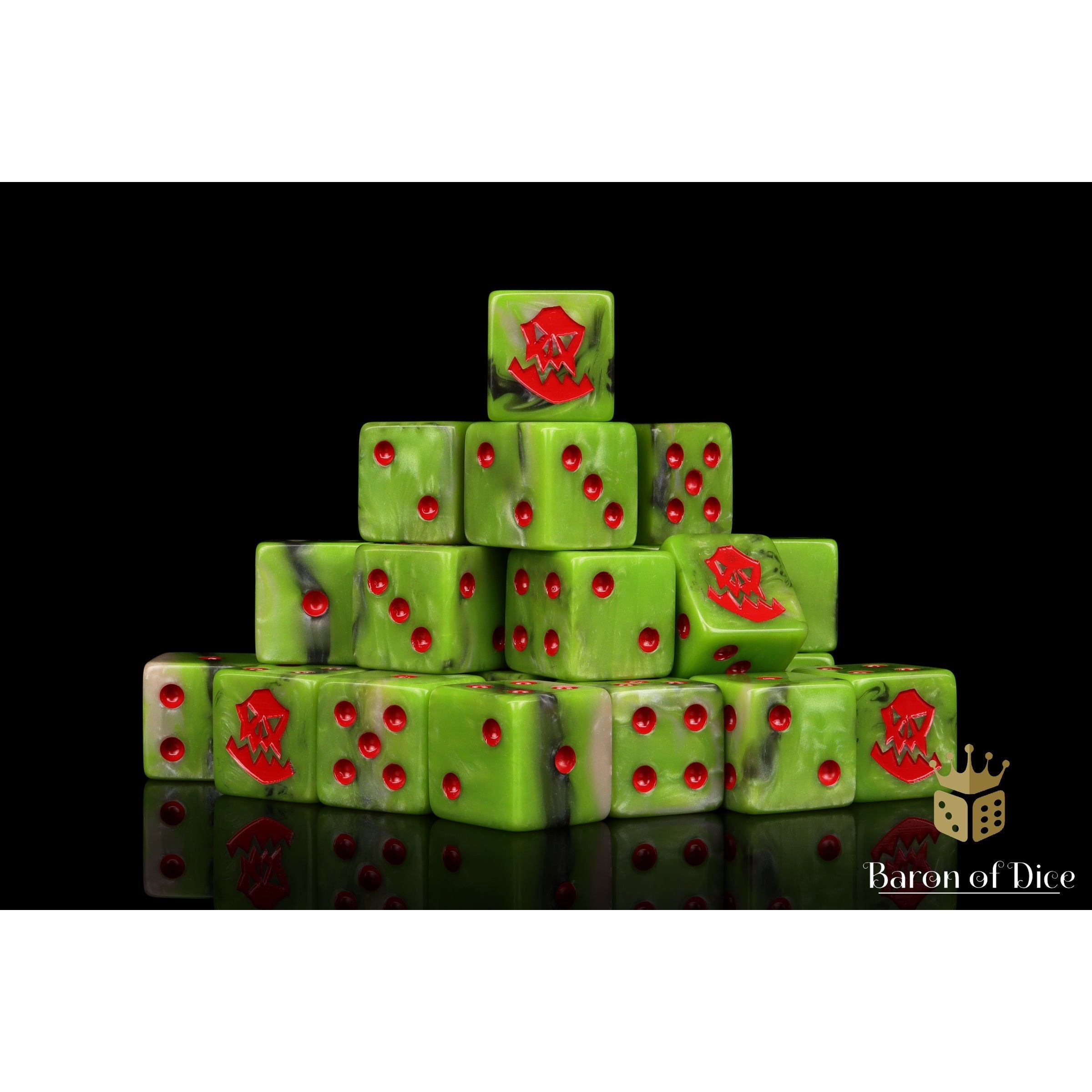 Orc Dice (Red) by Baron of Dice — 16mm resin D6 dice, Orc greens with rocky greys and a bright bloody red inlay (view 2)