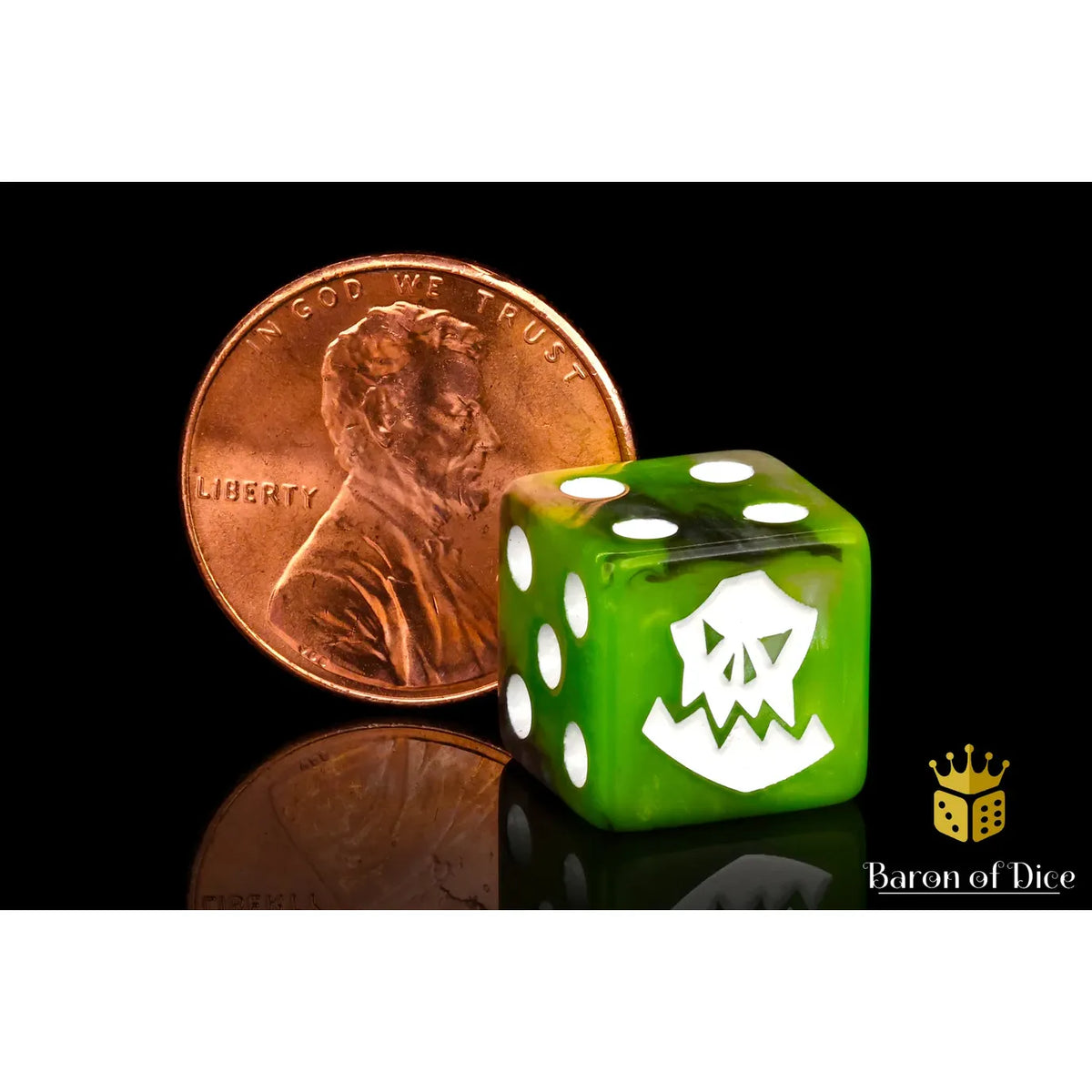 A translucent green gaming die with a white skull-and-crossbones symbol, shown next to a U.S.