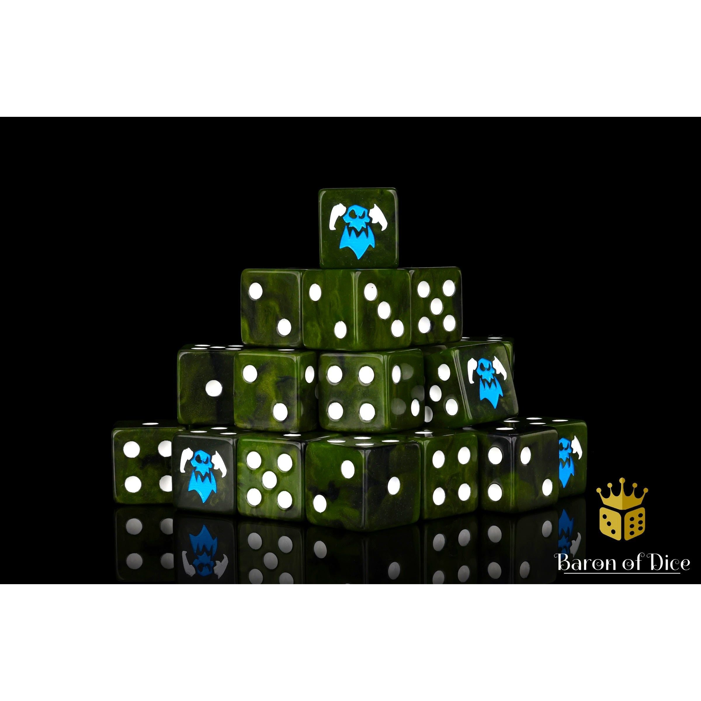 Orc Looters Dice by Baron of Dice — 16mm resin D6 dice, Orc greens with a two-toned bright blue and white inlay