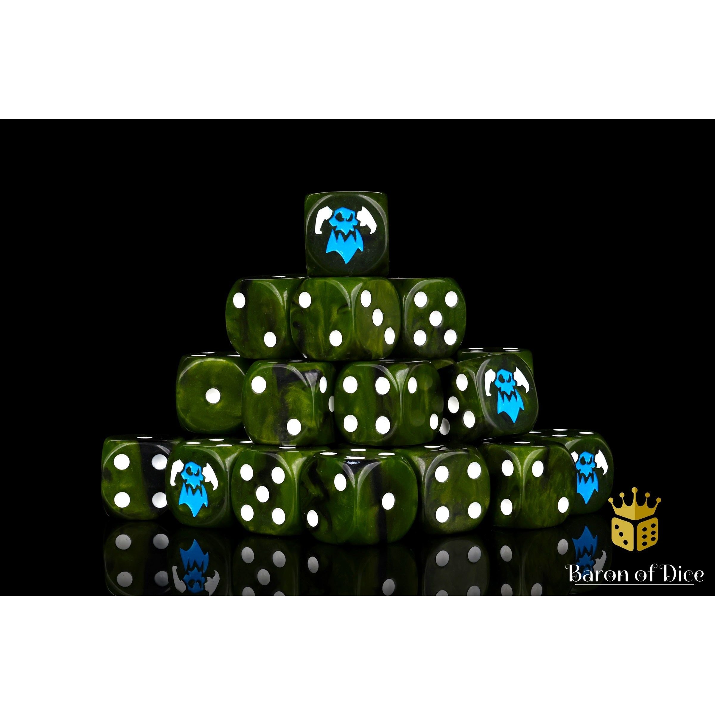 Orc Looters Dice by Baron of Dice — 16mm resin D6 dice, Orc greens with a two-toned bright blue and white inlay (view 2)