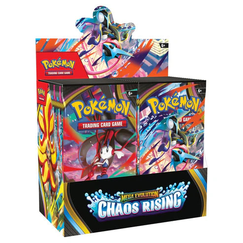 Pokémon Chaos Rising Booster Box display featuring colorful packaging with Pokémon logo and vibrant character artwork.