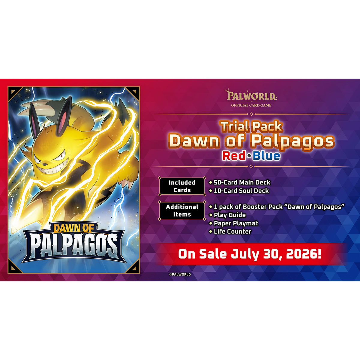 Palworld Official Card Game Dawn of Palpagos Red and Blue Trial Deck with colorful cards from Bushiroad's trading card set.