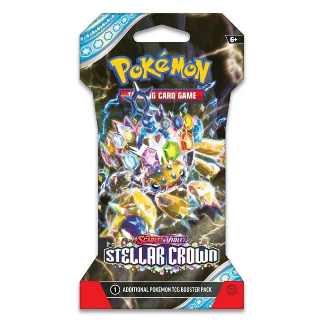 Pokemon Scarlet & Violet Stellar Crown sleeved booster pack with colorful card art.